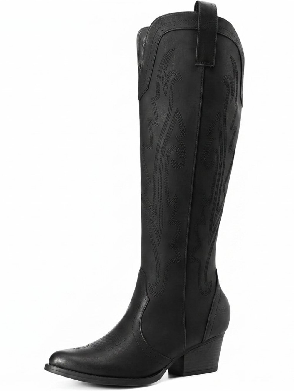 Women,s All Black Faux leather Cowgirl Knee High Boots with Side Zipper